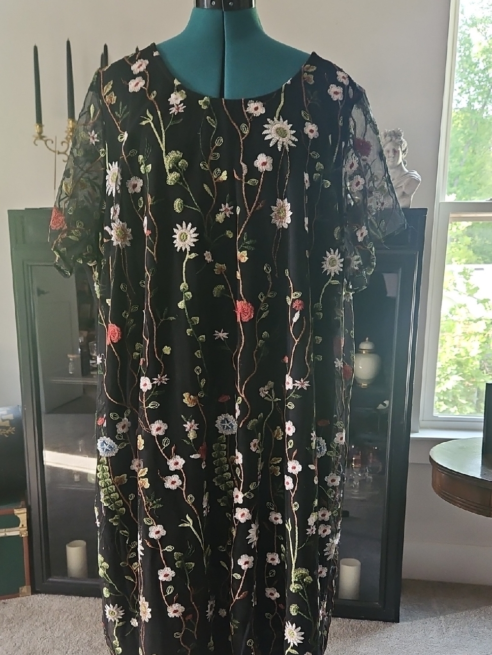 Catherines Black Mesh Midi Dress with Multicolored Floral Embroidery